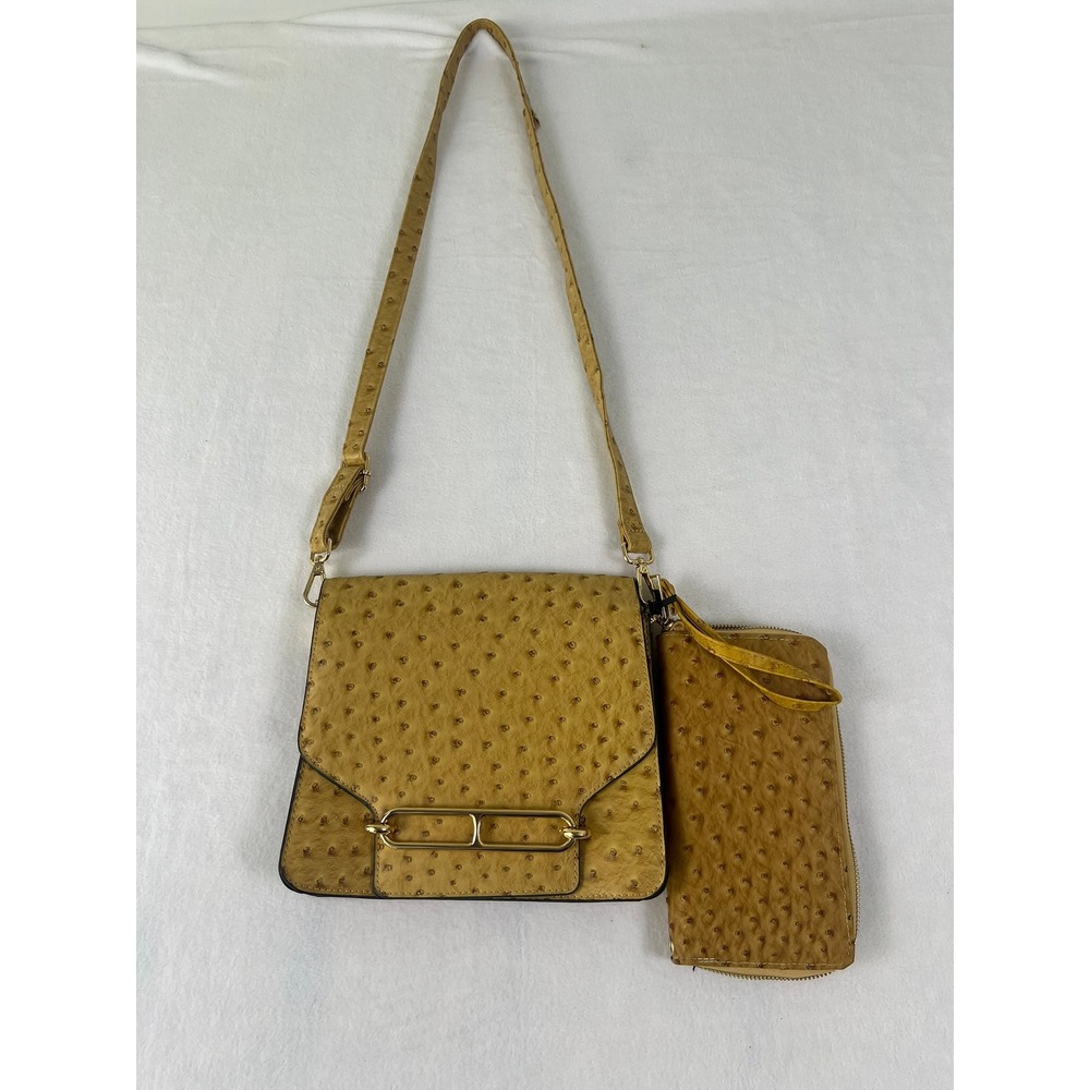 Ostrich Embossed Crossbody Bag & Wallet Set Sm Tan Chic Old Money‎ Quiet Luxury